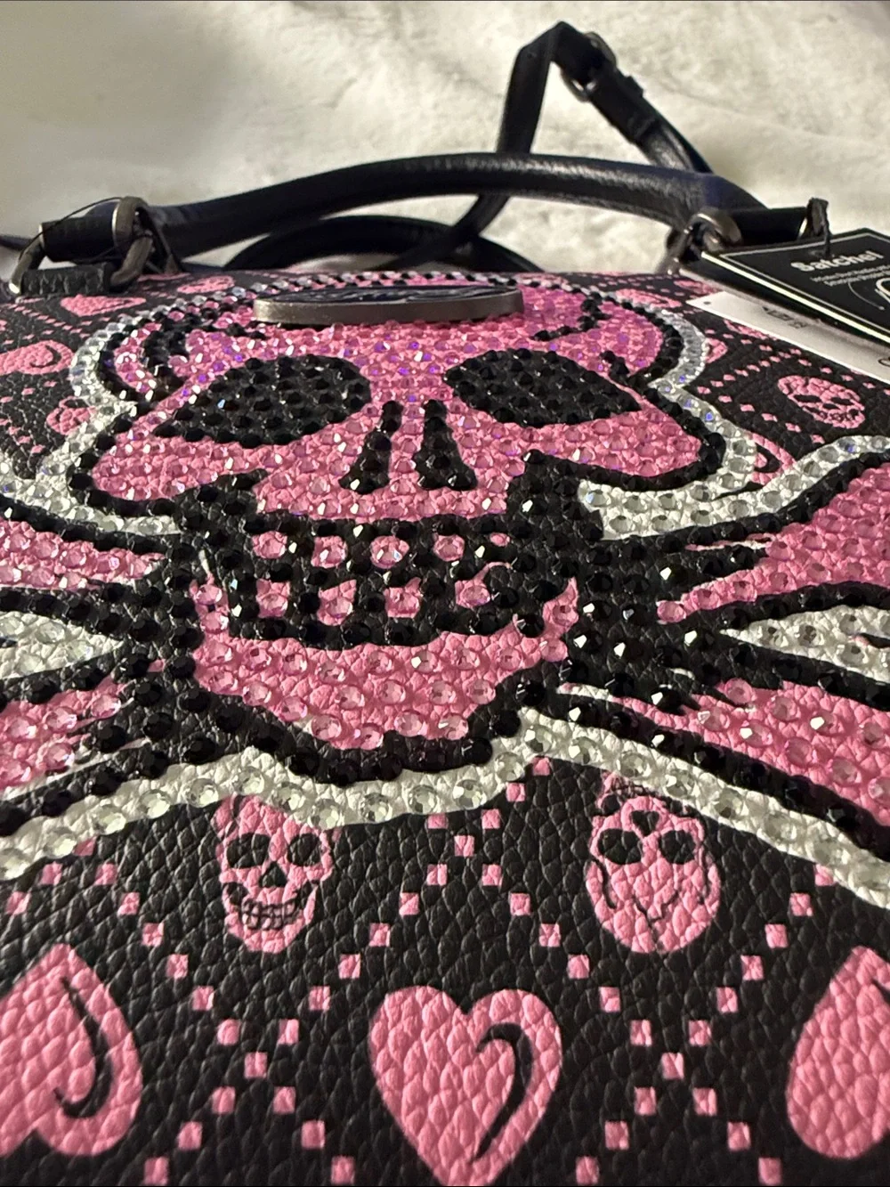 Ed Hardy Black and Pink Rhinestone Skull Satchel